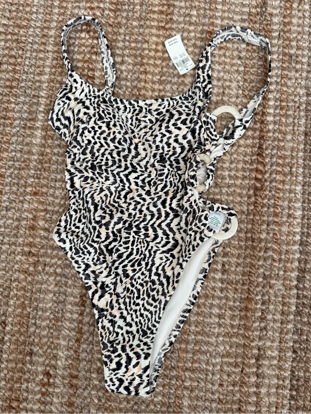 aerie Black and Cream Leopard-Print One-Piece Swimsuit with Ring Details
